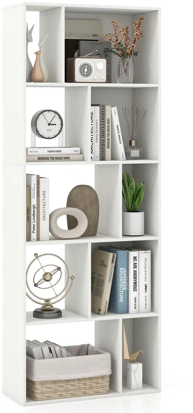 Main image of 5-Tier Geometric Bookshelf, 63" Modern Tall Bookcase, 10-Cube Storage Organizer, Freestanding Open Storage Shelving Unit, Display Rack Cabinet for Living Room, Study, Home Office, White (1)