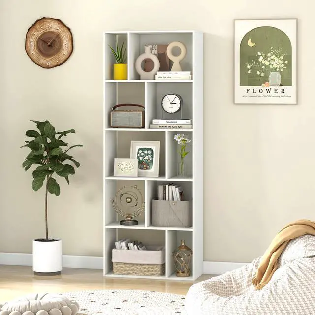 Alt view image 6 of 6 - 5-Tier Geometric Bookshelf, 63" Modern Tall Bookcase, 10-Cube Storage Organizer, Freestanding Open Storage Shelving Unit, Display Rack Cabinet for Living Room, Study, Home Office, White (1)