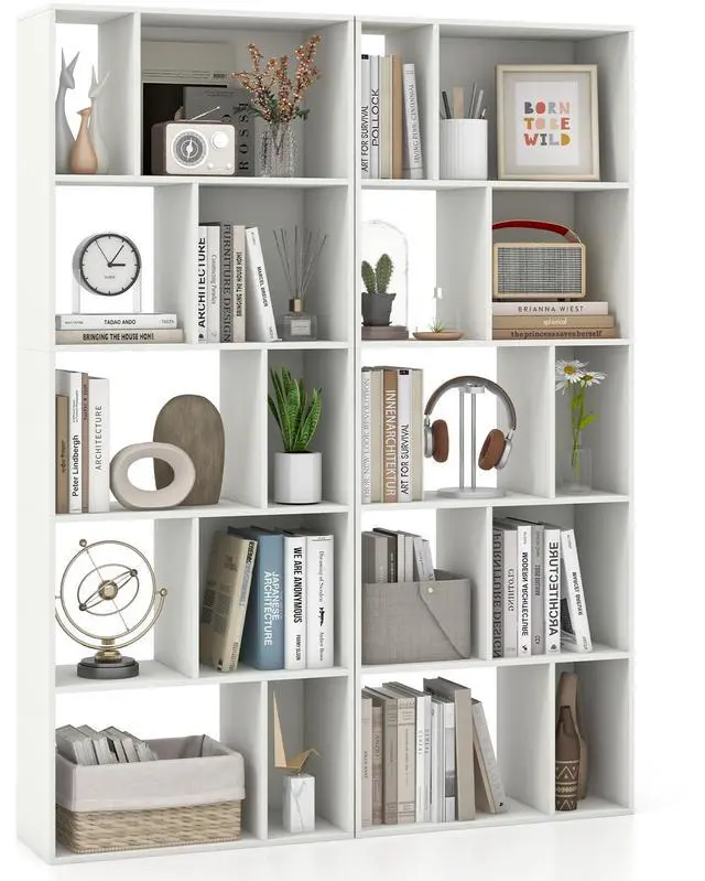 Main image of 5-Tier Geometric Bookshelf, 63" Modern Tall Bookcase, 10-Cube Storage Organizer, Freestanding Open Storage Shelving Unit, Display Rack Cabinet for Living Room, Study, Home Office, White (2)