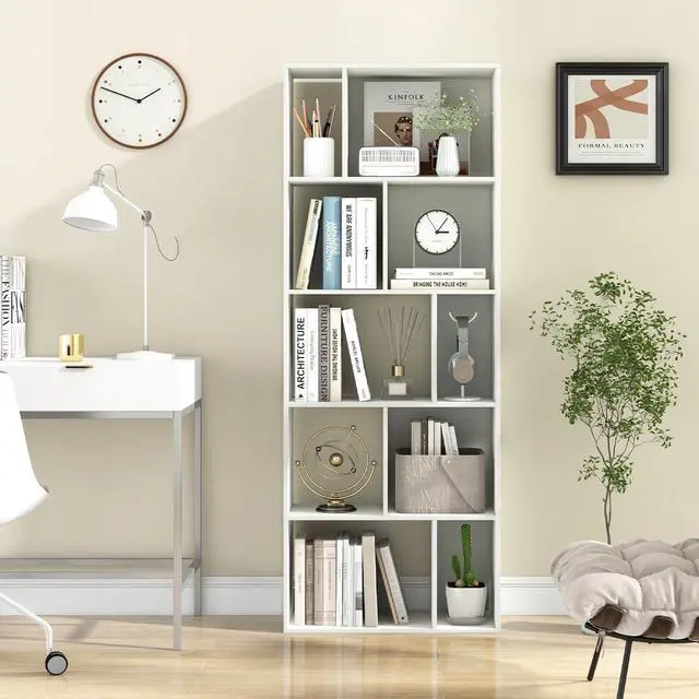 Alt view image 2 of 6 - 5-Tier Geometric Bookshelf, 63" Modern Tall Bookcase, 10-Cube Storage Organizer, Freestanding Open Storage Shelving Unit, Display Rack Cabinet for Living Room, Study, Home Office, White (2)