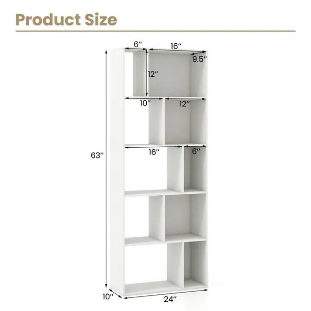 Alt view image 3 of 6 - 5-Tier Geometric Bookshelf, 63" Modern Tall Bookcase, 10-Cube Storage Organizer, Freestanding Open Storage Shelving Unit, Display Rack Cabinet for Living Room, Study, Home Office, White (2)