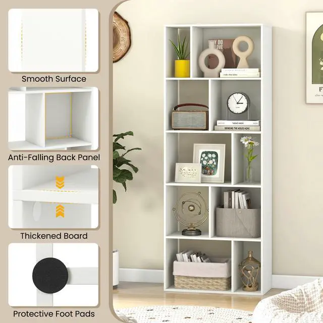 Alt view image 4 of 6 - 5-Tier Geometric Bookshelf, 63" Modern Tall Bookcase, 10-Cube Storage Organizer, Freestanding Open Storage Shelving Unit, Display Rack Cabinet for Living Room, Study, Home Office, White (2)