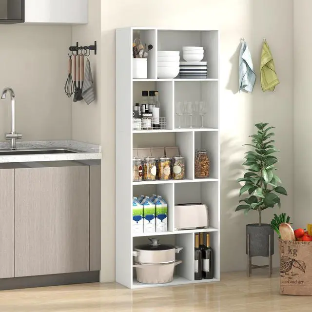 Alt view image 5 of 6 - 5-Tier Geometric Bookshelf, 63" Modern Tall Bookcase, 10-Cube Storage Organizer, Freestanding Open Storage Shelving Unit, Display Rack Cabinet for Living Room, Study, Home Office, White (2)