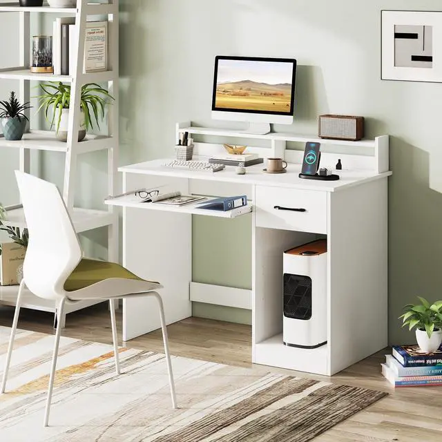 Main image of White Desk with Drawers, Modern Home Office Desk with Keyboard Tray, Monitor Stand & Adjustable Shelf, PC Laptop Table Computer Workstation, Study Writing Desk for Small Spaces, Bedroom