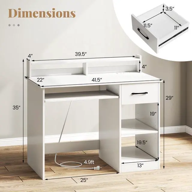 Alt view image 2 of 6 - White Desk with Drawers, Modern Home Office Desk with Keyboard Tray, Monitor Stand & Adjustable Shelf, PC Laptop Table Computer Workstation, Study Writing Desk for Small Spaces, Bedroom