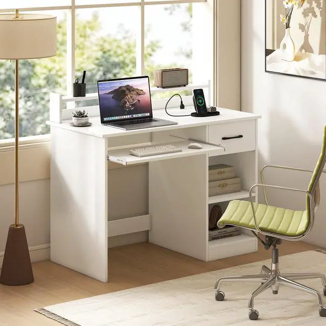 Alt view image 3 of 6 - White Desk with Drawers, Modern Home Office Desk with Keyboard Tray, Monitor Stand & Adjustable Shelf, PC Laptop Table Computer Workstation, Study Writing Desk for Small Spaces, Bedroom