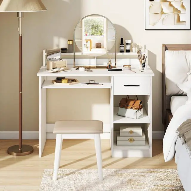Alt view image 4 of 6 - White Desk with Drawers, Modern Home Office Desk with Keyboard Tray, Monitor Stand & Adjustable Shelf, PC Laptop Table Computer Workstation, Study Writing Desk for Small Spaces, Bedroom