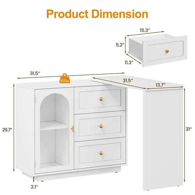 Alt view image 2 of 6 - L Shaped Home Office Desk, Extendable and Rotatable Desk with 3 Drawers and Door, Corner Computer Desk, Modern Study Writing Table for Bedroom, Home Office, White