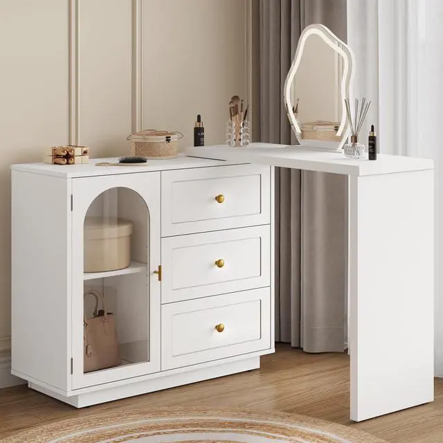 Alt view image 3 of 6 - L Shaped Home Office Desk, Extendable and Rotatable Desk with 3 Drawers and Door, Corner Computer Desk, Modern Study Writing Table for Bedroom, Home Office, White