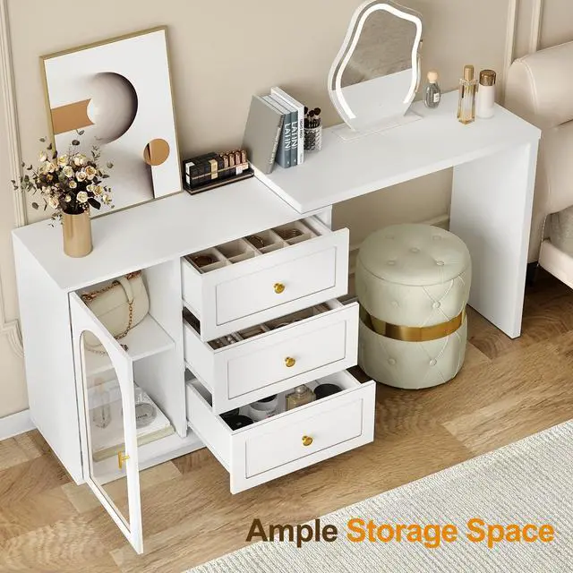 Alt view image 4 of 6 - L Shaped Home Office Desk, Extendable and Rotatable Desk with 3 Drawers and Door, Corner Computer Desk, Modern Study Writing Table for Bedroom, Home Office, White
