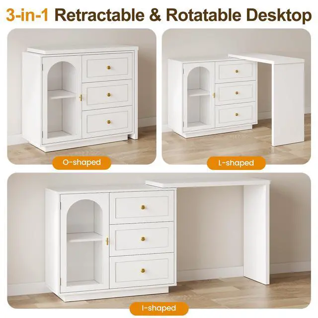 Alt view image 5 of 6 - L Shaped Home Office Desk, Extendable and Rotatable Desk with 3 Drawers and Door, Corner Computer Desk, Modern Study Writing Table for Bedroom, Home Office, White