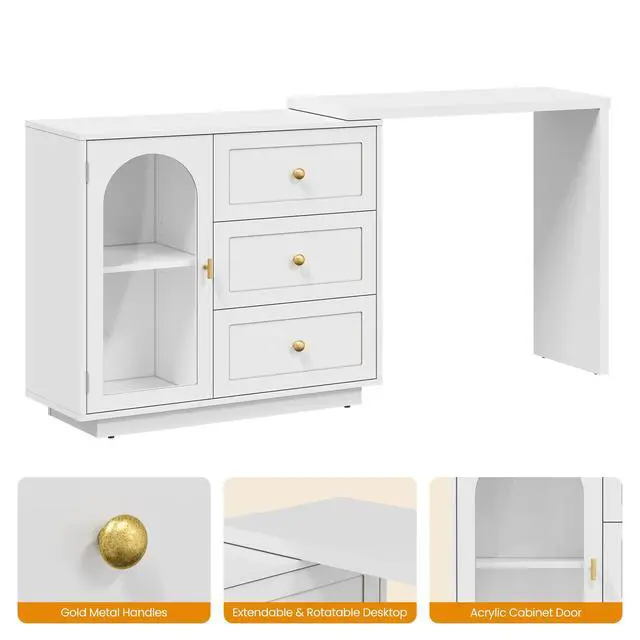 Alt view image 6 of 6 - L Shaped Home Office Desk, Extendable and Rotatable Desk with 3 Drawers and Door, Corner Computer Desk, Modern Study Writing Table for Bedroom, Home Office, White