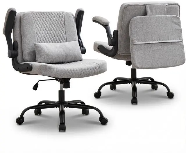 Main image of Criss Cross Chair with Flip-Up Arms and Wheels, Moveable Back Cushion Wide Seat Office Desk Chair, Height Adjustable Swivel Cross Legged Chair for Home Office, Study, Vanity (Grey)