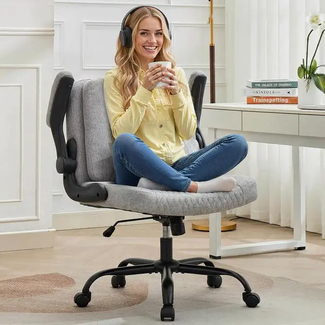 Alt view image 2 of 6 - Criss Cross Chair with Flip-Up Arms and Wheels, Moveable Back Cushion Wide Seat Office Desk Chair, Height Adjustable Swivel Cross Legged Chair for Home Office, Study, Vanity (Grey)