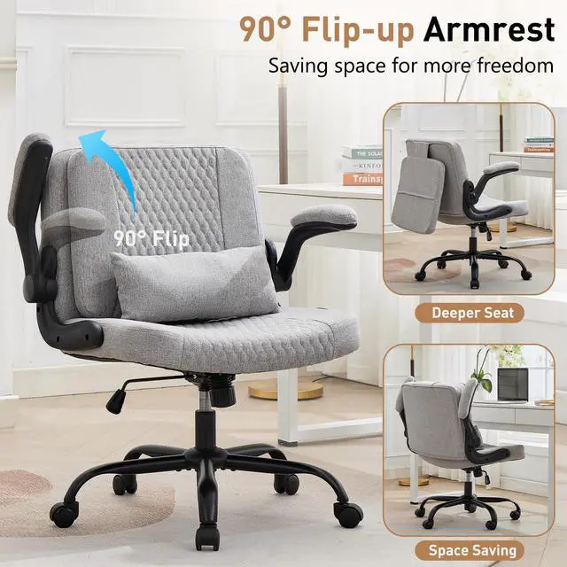 Alt view image 4 of 6 - Criss Cross Chair with Flip-Up Arms and Wheels, Moveable Back Cushion Wide Seat Office Desk Chair, Height Adjustable Swivel Cross Legged Chair for Home Office, Study, Vanity (Grey)