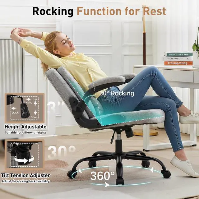 Alt view image 5 of 6 - Criss Cross Chair with Flip-Up Arms and Wheels, Moveable Back Cushion Wide Seat Office Desk Chair, Height Adjustable Swivel Cross Legged Chair for Home Office, Study, Vanity (Grey)