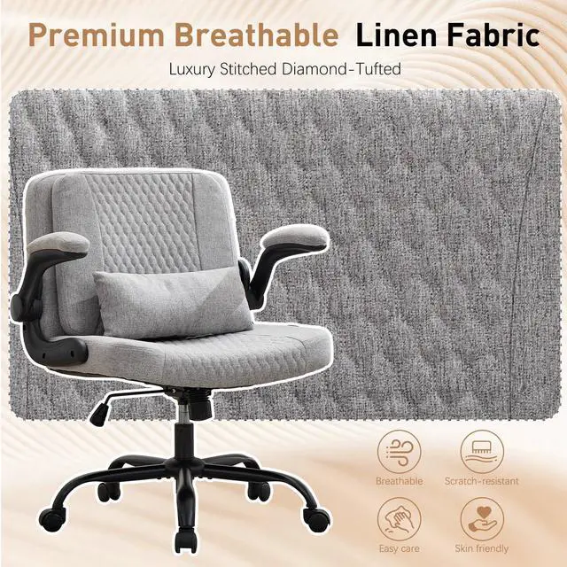 Alt view image 6 of 6 - Criss Cross Chair with Flip-Up Arms and Wheels, Moveable Back Cushion Wide Seat Office Desk Chair, Height Adjustable Swivel Cross Legged Chair for Home Office, Study, Vanity (Grey)