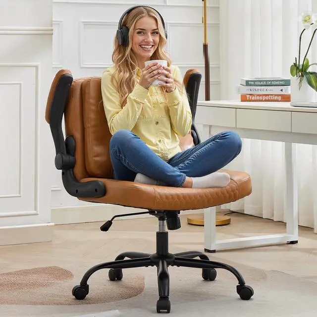Alt view image 2 of 6 - Criss Cross Chair with Flip-Up Arms and Wheels, Moveable Back Cushion Wide Seat Office Desk Chair, Height Adjustable Swivel Cross Legged Chair for Home Office, Study, Vanity (Brown)
