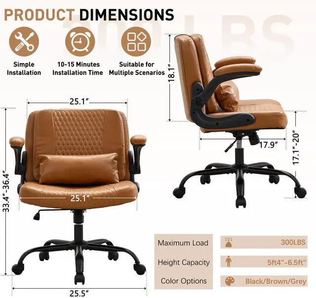 Alt view image 3 of 6 - Criss Cross Chair with Flip-Up Arms and Wheels, Moveable Back Cushion Wide Seat Office Desk Chair, Height Adjustable Swivel Cross Legged Chair for Home Office, Study, Vanity (Brown)