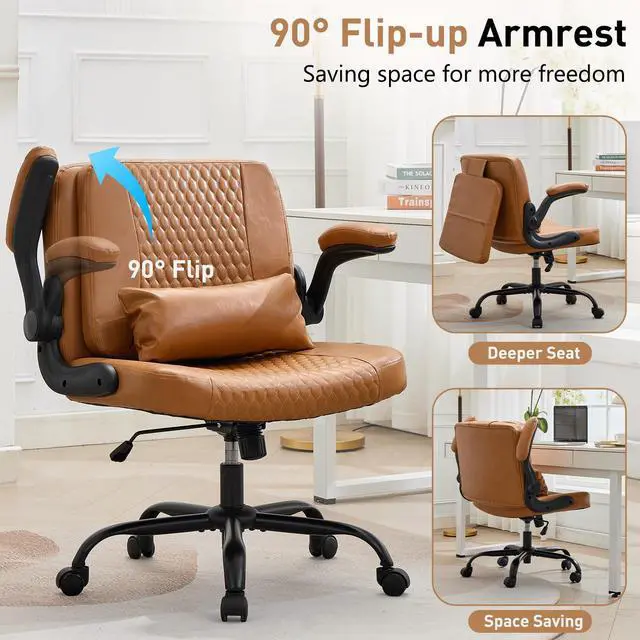 Alt view image 4 of 6 - Criss Cross Chair with Flip-Up Arms and Wheels, Moveable Back Cushion Wide Seat Office Desk Chair, Height Adjustable Swivel Cross Legged Chair for Home Office, Study, Vanity (Brown)
