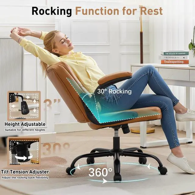 Alt view image 5 of 6 - Criss Cross Chair with Flip-Up Arms and Wheels, Moveable Back Cushion Wide Seat Office Desk Chair, Height Adjustable Swivel Cross Legged Chair for Home Office, Study, Vanity (Brown)