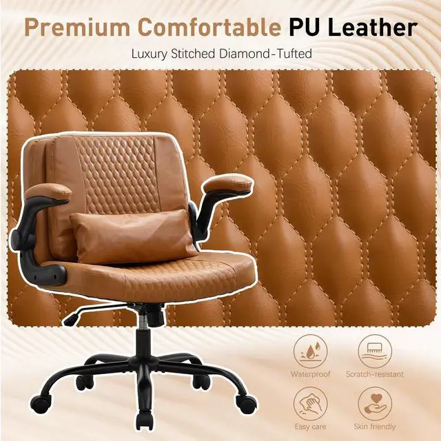 Alt view image 6 of 6 - Criss Cross Chair with Flip-Up Arms and Wheels, Moveable Back Cushion Wide Seat Office Desk Chair, Height Adjustable Swivel Cross Legged Chair for Home Office, Study, Vanity (Brown)