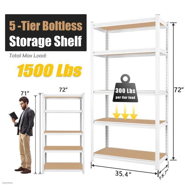 Alt view image 3 of 6 - 35.4" W x 15.7" D x 72" H 5-Tier Adjustable Book Shelf - Modern Standing Open Bookshelf, Tall Display Bookcase Storage Shelves for Living Room, Bedroom, Sturdy, Office, White