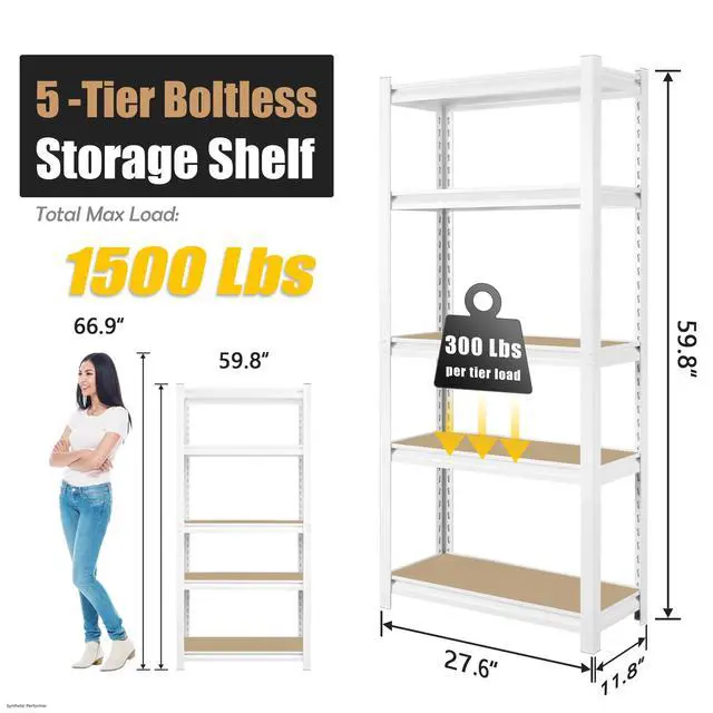 Alt view image 3 of 6 - 27.6" W x 11.8" D x 59.8" H 5-Tier Adjustable Book Shelf - Modern Standing Open Bookshelf, Display Bookcase Storage Shelves Organizer for Living Room, Bedroom, Sturdy, Office, White