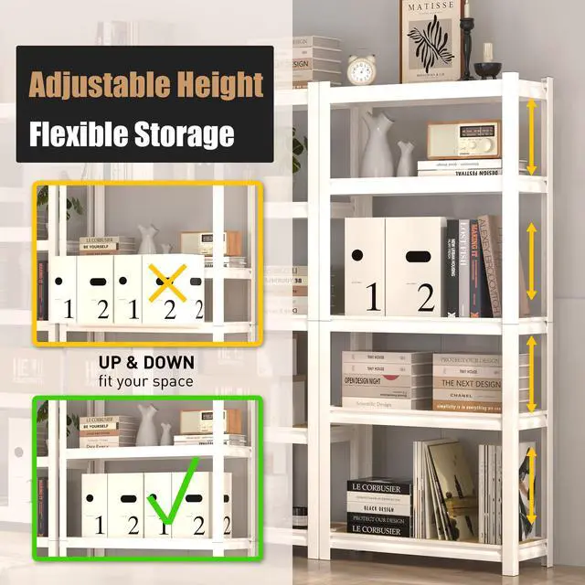 Alt view image 4 of 6 - 27.6" W x 11.8" D x 59.8" H 5-Tier Adjustable Book Shelf - Modern Standing Open Bookshelf, Display Bookcase Storage Shelves Organizer for Living Room, Bedroom, Sturdy, Office, White