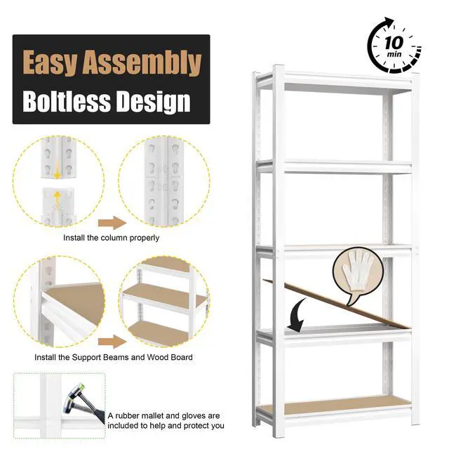 Alt view image 6 of 6 - 27.6" W x 11.8" D x 59.8" H 5-Tier Adjustable Book Shelf - Modern Standing Open Bookshelf, Display Bookcase Storage Shelves Organizer for Living Room, Bedroom, Sturdy, Office, White