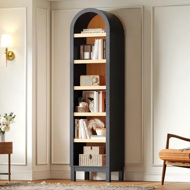 Main image of 68.7" Tall Skinny Bookshelf, Narrow Arched Bookcase with Adjustable Shelves for Living Room, Office, Entryway, Bedroom, Hallway, Small Space (Black & Natural)
