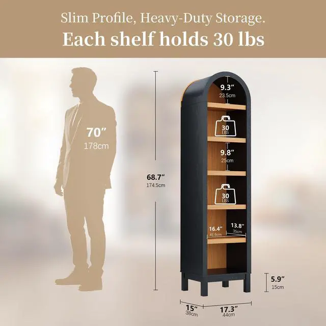 Alt view image 2 of 6 - 68.7" Tall Skinny Bookshelf, Narrow Arched Bookcase with Adjustable Shelves for Living Room, Office, Entryway, Bedroom, Hallway, Small Space (Black & Natural)