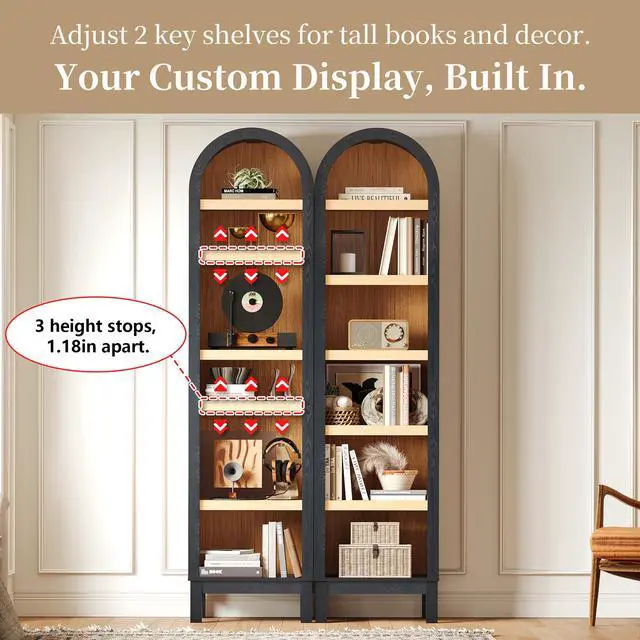 Alt view image 3 of 6 - 68.7" Tall Skinny Bookshelf, Narrow Arched Bookcase with Adjustable Shelves for Living Room, Office, Entryway, Bedroom, Hallway, Small Space (Black & Natural)