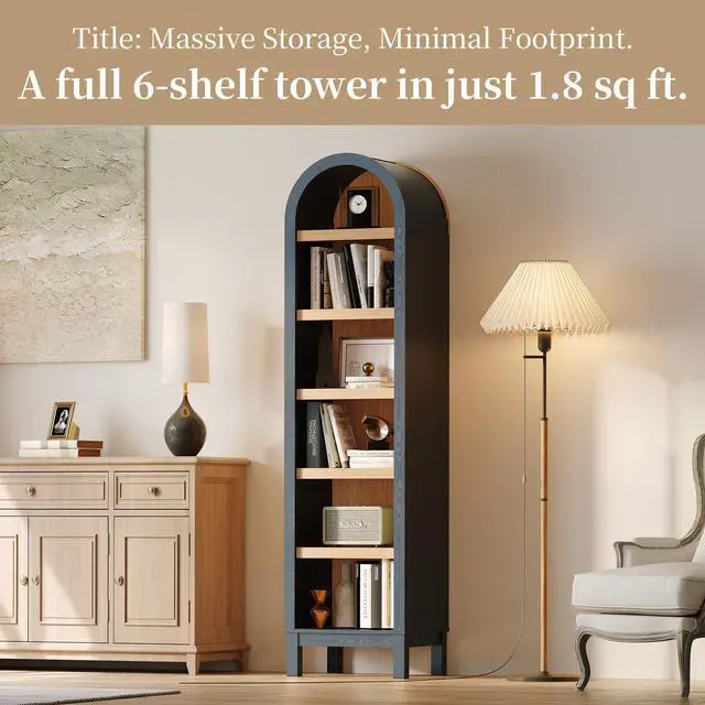 Alt view image 4 of 6 - 68.7" Tall Skinny Bookshelf, Narrow Arched Bookcase with Adjustable Shelves for Living Room, Office, Entryway, Bedroom, Hallway, Small Space (Black & Natural)