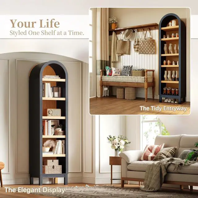 Alt view image 5 of 6 - 68.7" Tall Skinny Bookshelf, Narrow Arched Bookcase with Adjustable Shelves for Living Room, Office, Entryway, Bedroom, Hallway, Small Space (Black & Natural)