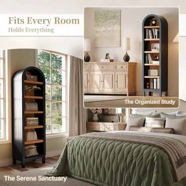 Alt view image 6 of 6 - 68.7" Tall Skinny Bookshelf, Narrow Arched Bookcase with Adjustable Shelves for Living Room, Office, Entryway, Bedroom, Hallway, Small Space (Black & Natural)