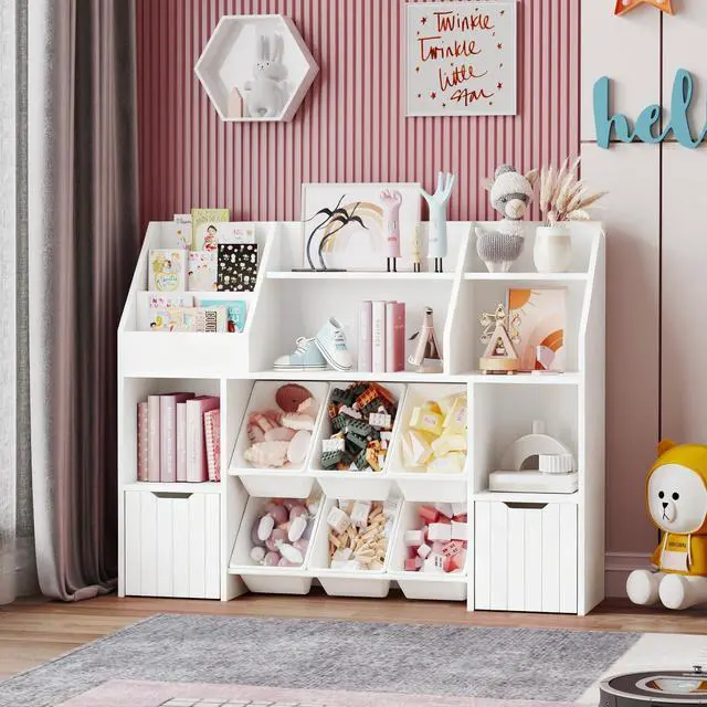 Main image of Wooden Kids' Bookcase,Toy Room Storage and Organization,Equipped with 2 Sliding Drawers and 6 Toy Storage Baskets,Safe Anti Tipping Design,Suitable for Children' Rooms