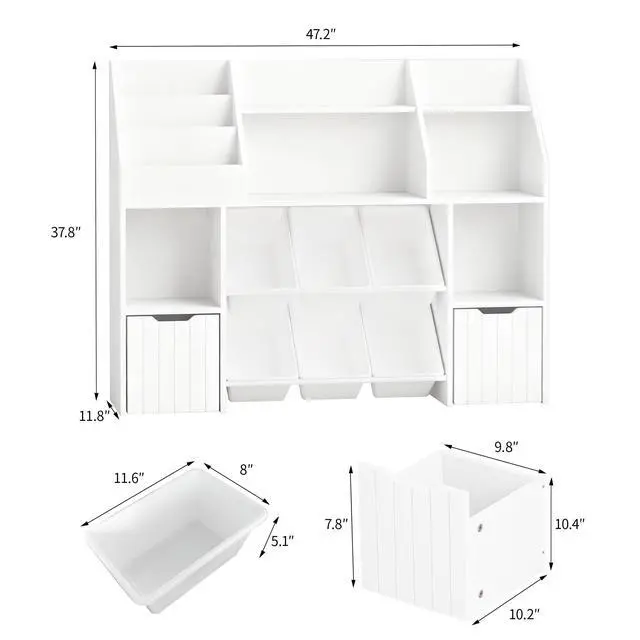 Alt view image 2 of 6 - Wooden Kids' Bookcase,Toy Room Storage and Organization,Equipped with 2 Sliding Drawers and 6 Toy Storage Baskets,Safe Anti Tipping Design,Suitable for Children' Rooms