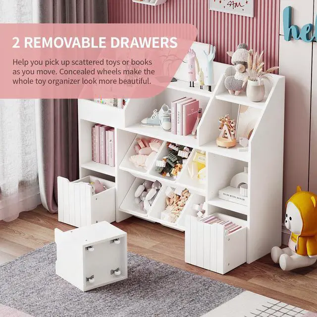 Alt view image 3 of 6 - Wooden Kids' Bookcase,Toy Room Storage and Organization,Equipped with 2 Sliding Drawers and 6 Toy Storage Baskets,Safe Anti Tipping Design,Suitable for Children' Rooms