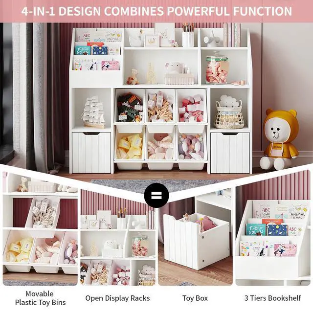 Alt view image 4 of 6 - Wooden Kids' Bookcase,Toy Room Storage and Organization,Equipped with 2 Sliding Drawers and 6 Toy Storage Baskets,Safe Anti Tipping Design,Suitable for Children' Rooms
