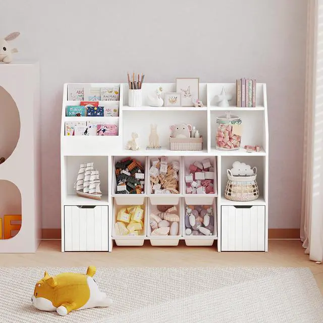 Alt view image 6 of 6 - Wooden Kids' Bookcase,Toy Room Storage and Organization,Equipped with 2 Sliding Drawers and 6 Toy Storage Baskets,Safe Anti Tipping Design,Suitable for Children' Rooms