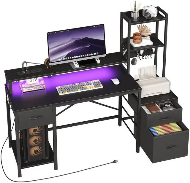 Main image of 55" Gaming Desk with Power Outlet & LED Light, Computer Desk with Fabric Drawers, Storage Shelves & Monitor Stand, Industrial Gaming Table with Side Hook, Black