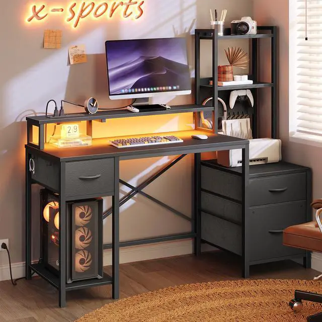 Alt view image 2 of 6 - 55" Gaming Desk with Power Outlet & LED Light, Computer Desk with Fabric Drawers, Storage Shelves & Monitor Stand, Industrial Gaming Table with Side Hook, Black
