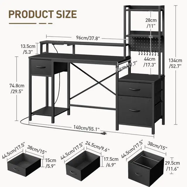 Alt view image 3 of 6 - 55" Gaming Desk with Power Outlet & LED Light, Computer Desk with Fabric Drawers, Storage Shelves & Monitor Stand, Industrial Gaming Table with Side Hook, Black