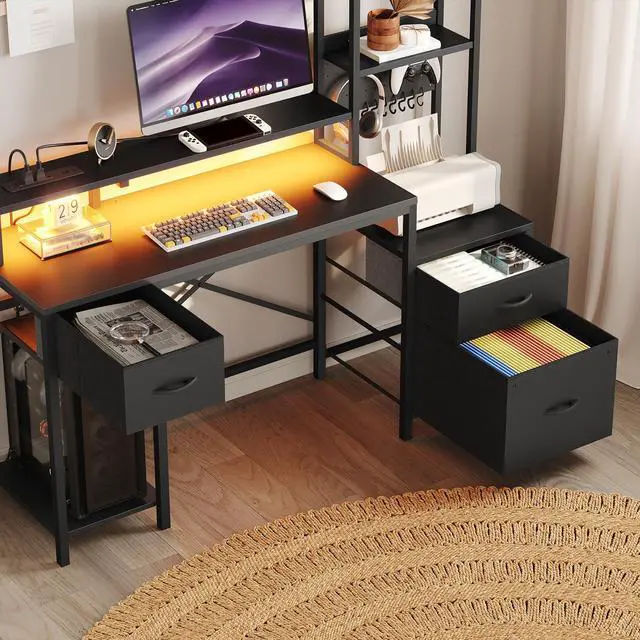 Alt view image 5 of 6 - 55" Gaming Desk with Power Outlet & LED Light, Computer Desk with Fabric Drawers, Storage Shelves & Monitor Stand, Industrial Gaming Table with Side Hook, Black