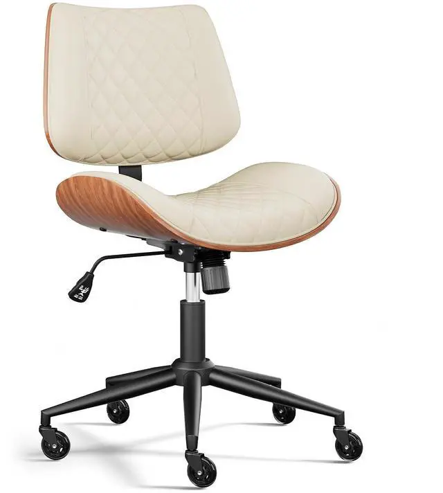 Main image of Armless Office Chair with Silent Rubber Wheels, Mid Century Modern Small Desk Chair, No Arms Leather Computer Chair for Home Office, Swivel Vanity Chair, Rolling, Adjustable Height (Cream)