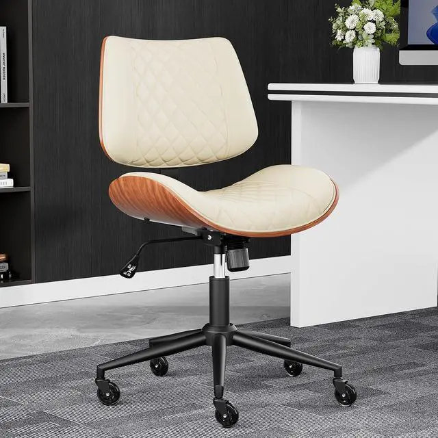 Alt view image 2 of 6 - Armless Office Chair with Silent Rubber Wheels, Mid Century Modern Small Desk Chair, No Arms Leather Computer Chair for Home Office, Swivel Vanity Chair, Rolling, Adjustable Height (Cream)