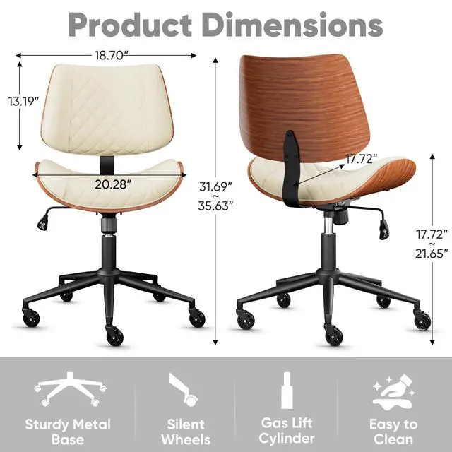 Alt view image 3 of 6 - Armless Office Chair with Silent Rubber Wheels, Mid Century Modern Small Desk Chair, No Arms Leather Computer Chair for Home Office, Swivel Vanity Chair, Rolling, Adjustable Height (Cream)