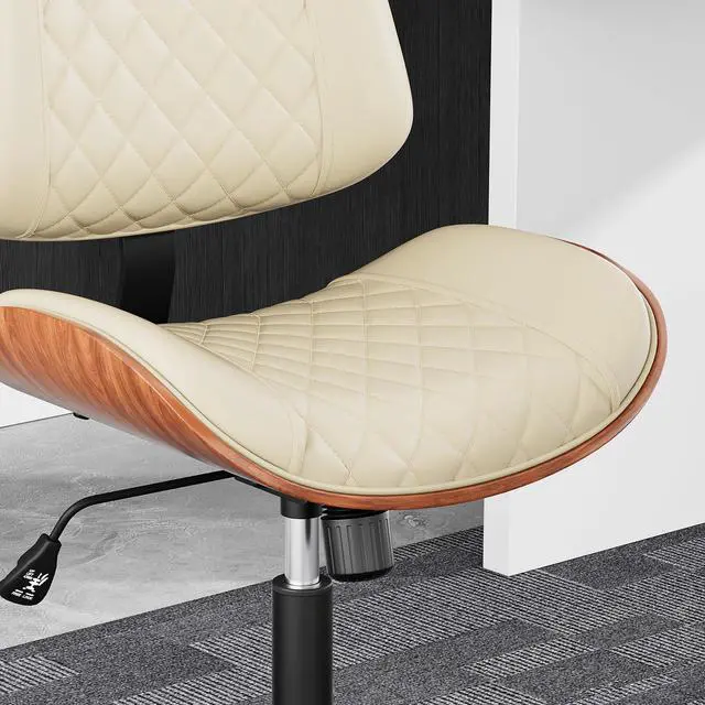 Alt view image 4 of 6 - Armless Office Chair with Silent Rubber Wheels, Mid Century Modern Small Desk Chair, No Arms Leather Computer Chair for Home Office, Swivel Vanity Chair, Rolling, Adjustable Height (Cream)