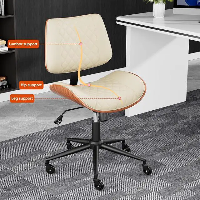 Alt view image 5 of 6 - Armless Office Chair with Silent Rubber Wheels, Mid Century Modern Small Desk Chair, No Arms Leather Computer Chair for Home Office, Swivel Vanity Chair, Rolling, Adjustable Height (Cream)
